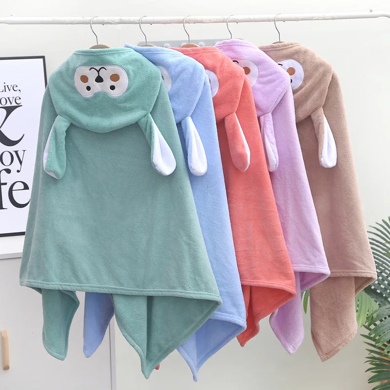 Coral Velvet Bath Towel Hooded Cape for Kids Absorbent Bathrobe with Embroidered Cartoon baby cotton wearable blanket
