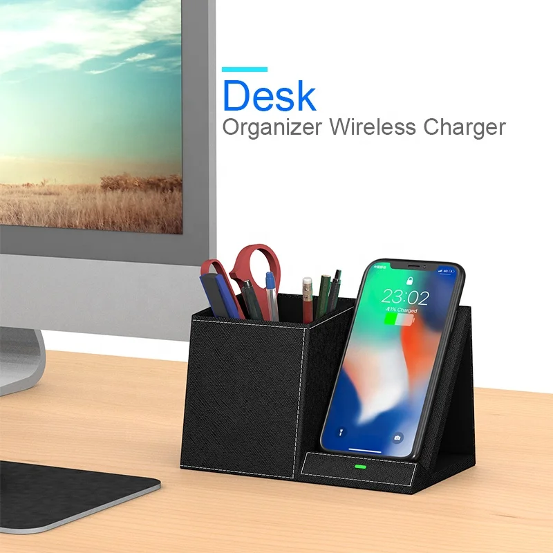 10w Qi Certificate Leather Desk Organizer Wireless Charger Pen Holder for iphone 13