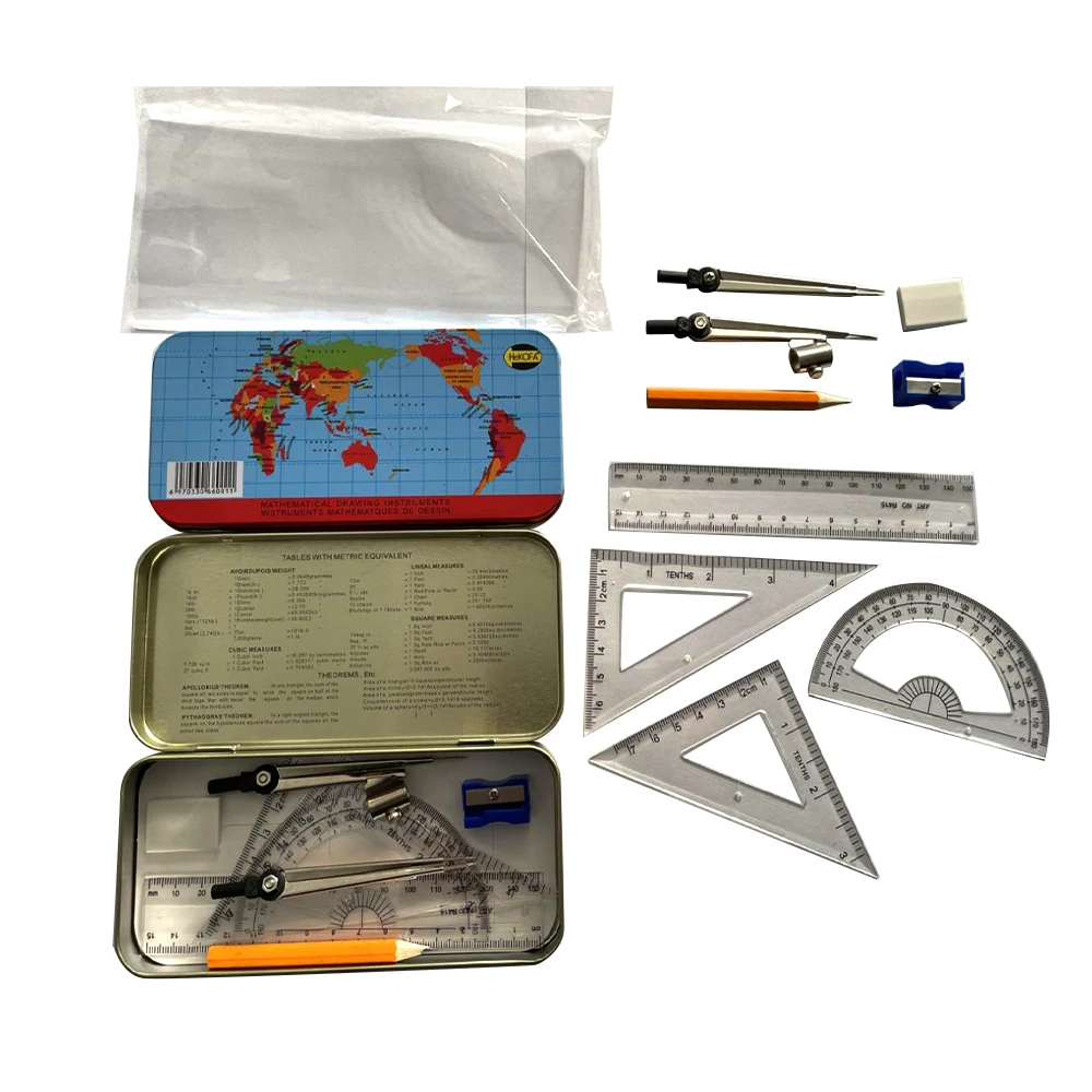 9pcs Mathematical compass Set School Student Stationery Geometry Iron Box Set instrument Math Set
