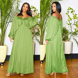 2023 Summer plus size African Chiffon dresses Loose Elegant Long Dress for women High Waist Bat Sleeves Sexy Dresses