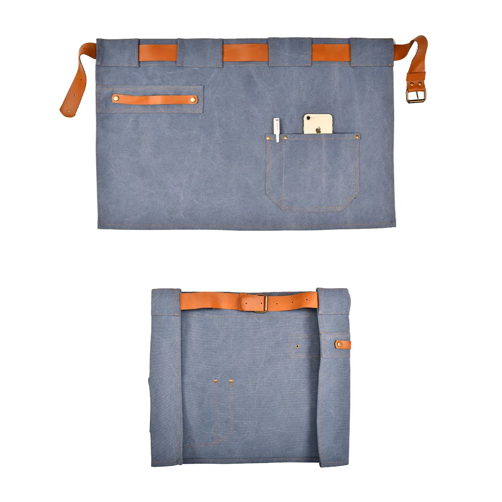 High Quality Heavy Duty Vintage Denim Waist Waitress Half Apron Jean Waiter Apron With Leather Strap