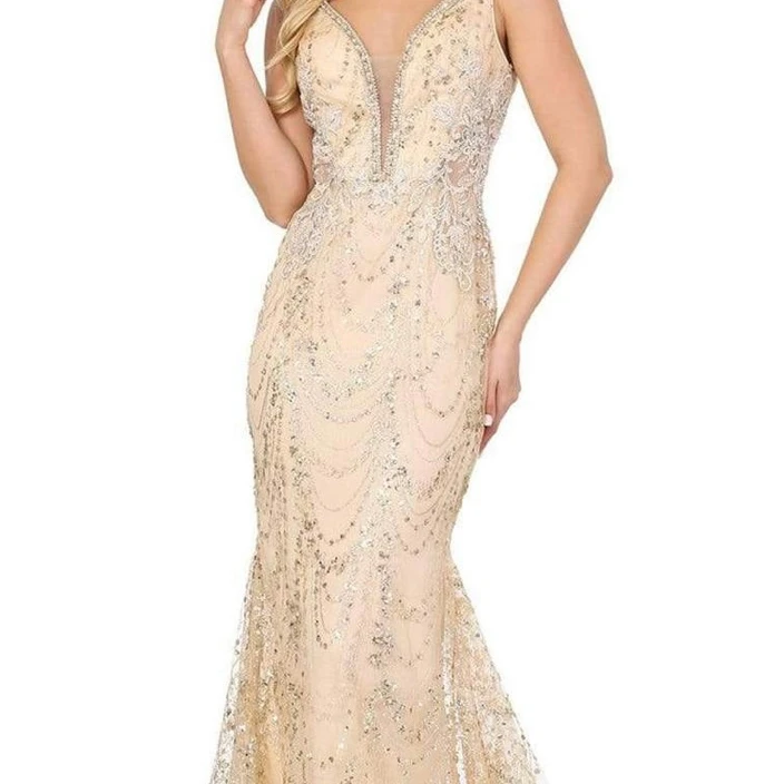 drop shipping low MOQ Floor length jeweled garland motif mermaid gown sweep train deep V prom Dress