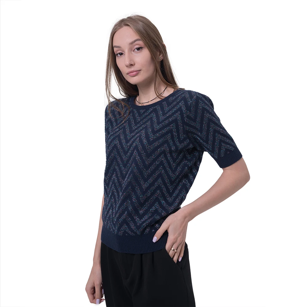 
Ever Fashion 2020 New Popular Color Design Lurex Navy Knit Tshirt Sweater Shrug Women College Sweater Pullover 