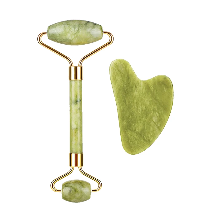 Custom Logo Jade Roller and Gua Sha Set Natural Green Pink White Black Blue Jade Roller Guasha set Rose Quartz Steel Facial Tool