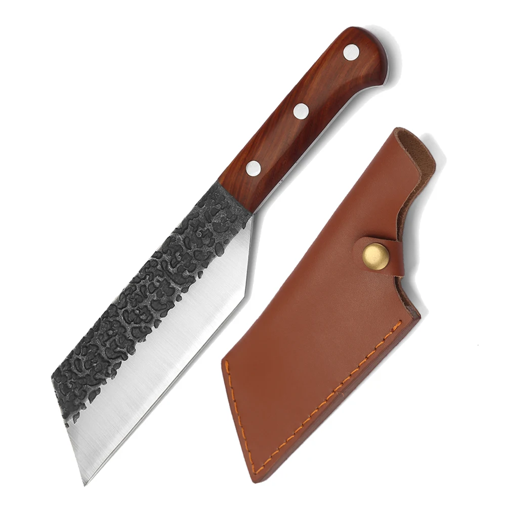 
Factory OEM 7 Inch 5.5mm Thick Full Tang Hammer Finished Red Sandal Wood Handle Stainless Steel Kitchen Chef Knife Meat Hammered 