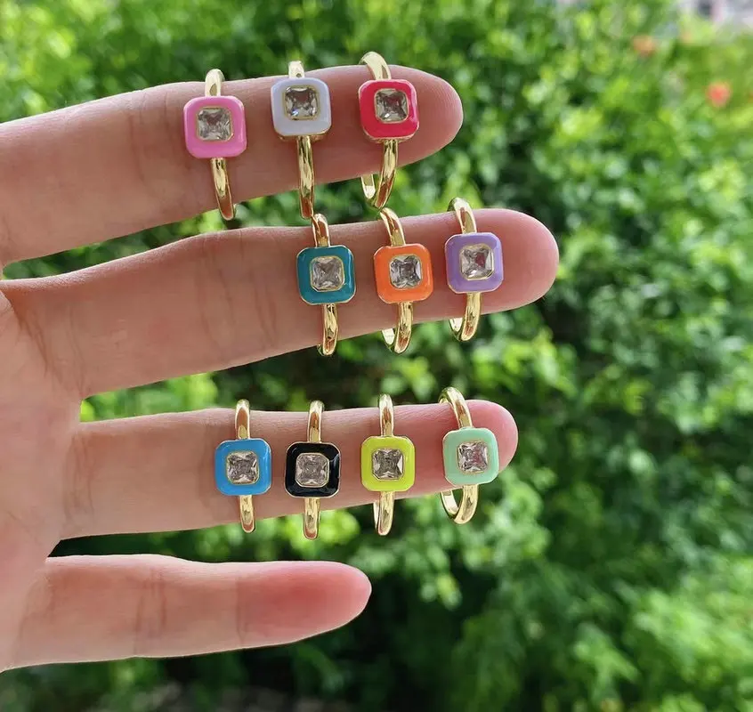 Fashion New Multi Color Enamel Band Zircon Ring Rainbow Open Adjustable Stacking Neon Enamel Square Rings for Women