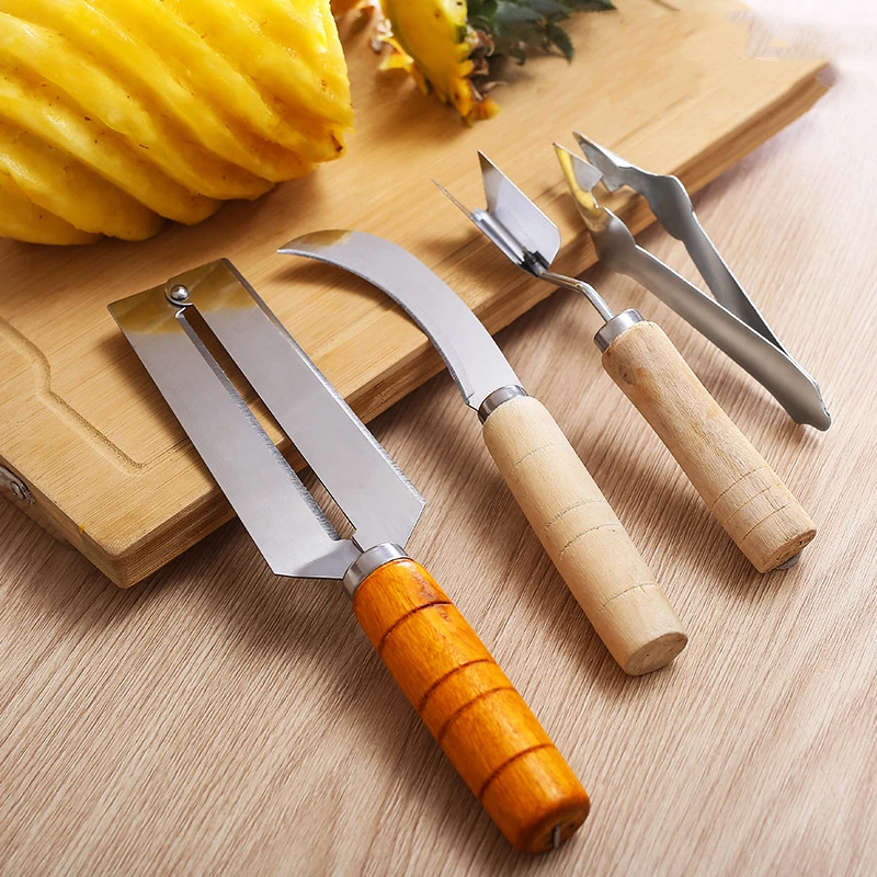 Manjia Stainless Steel Pineapple Knife Set Core Remover Pineapple Clip V Shovel Machete Peeler Four-Piece Pineapple Tools