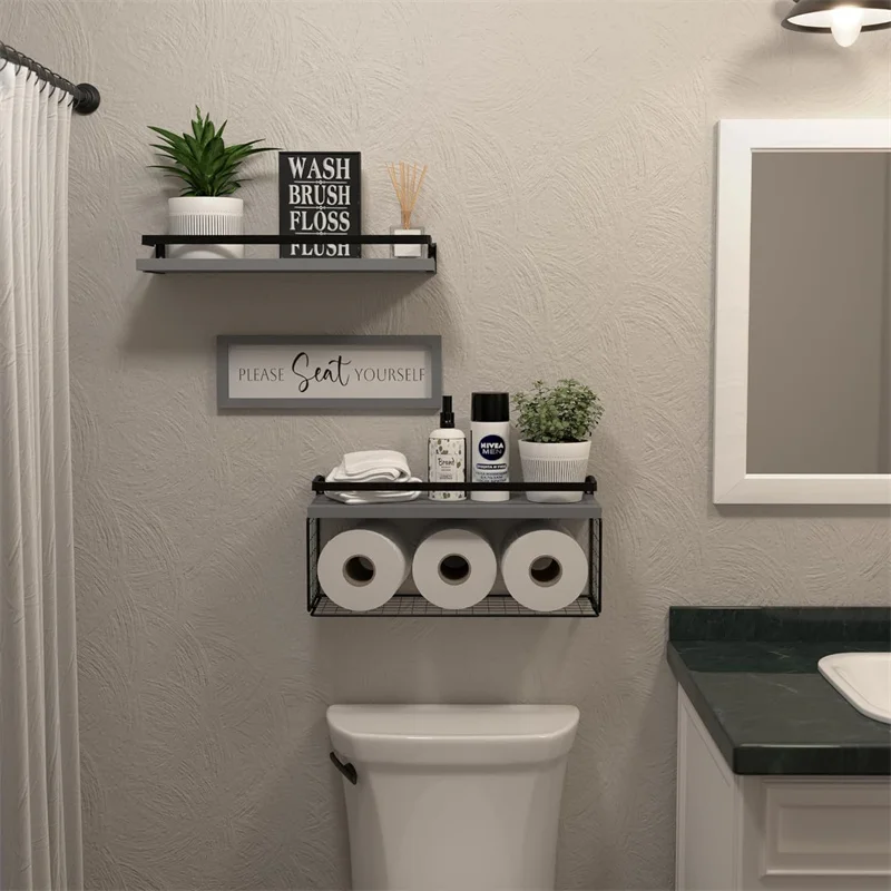2024 Floating Shelves with Wall Bathroom Shelves Over Toilet with Wire Storage Basket Wooden Wall Shelf