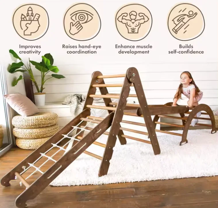 The popular 4-in-1 Montessori indoor climbing frame with wooden triangular arches and climbing paths for toddlers