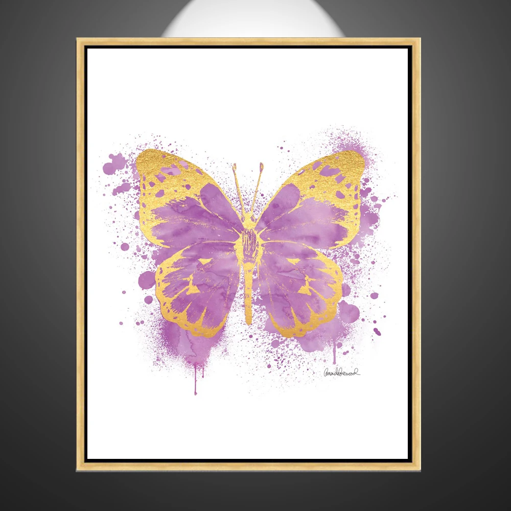 Modern Contemporary Wall Art Abstract Oil Decorative Painting Foil Beautiful Butterfly Red Purple Color Golden Canvas Animal
