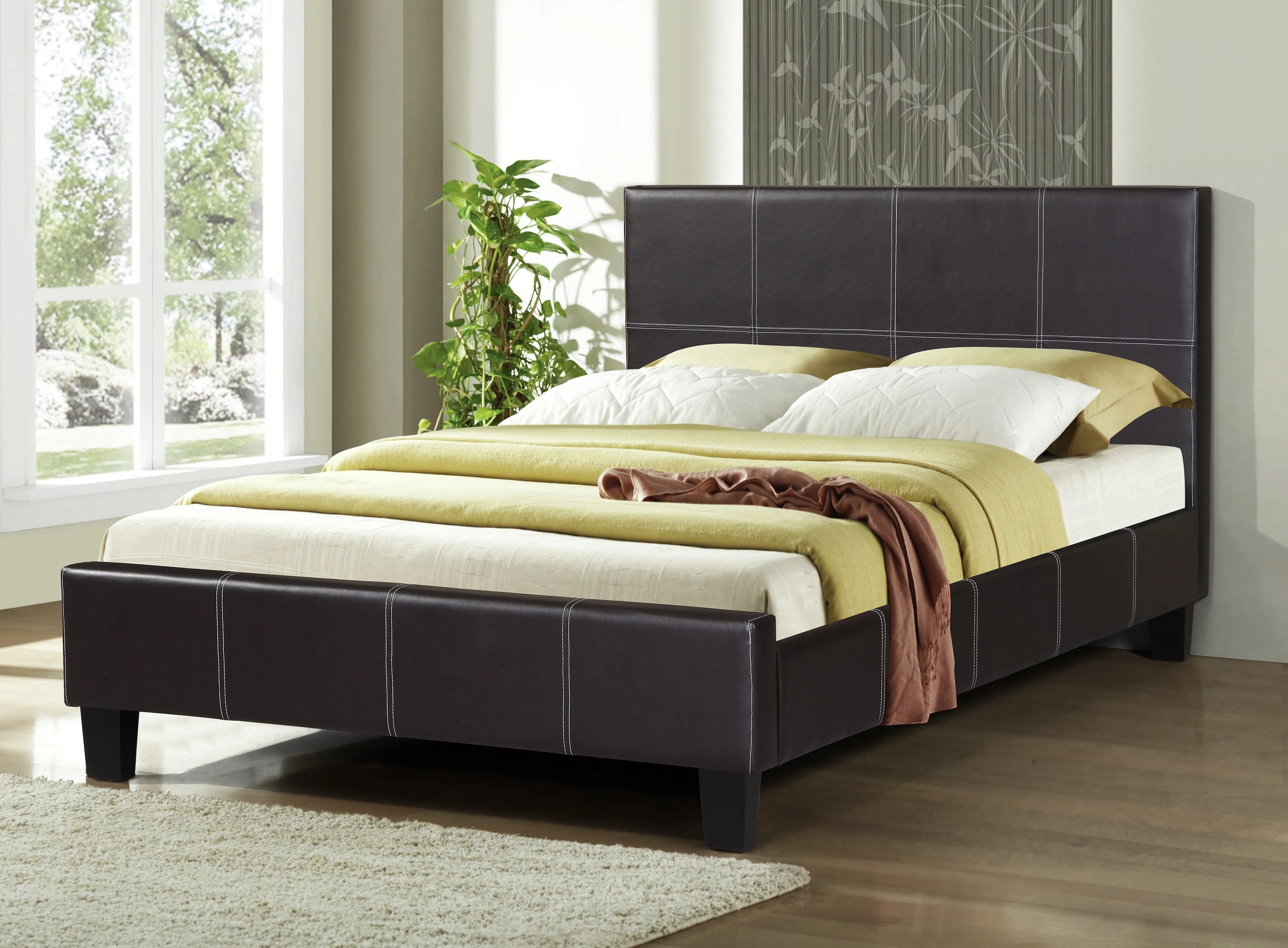 Metal Single Bed Frame with Faux Leather Headboards