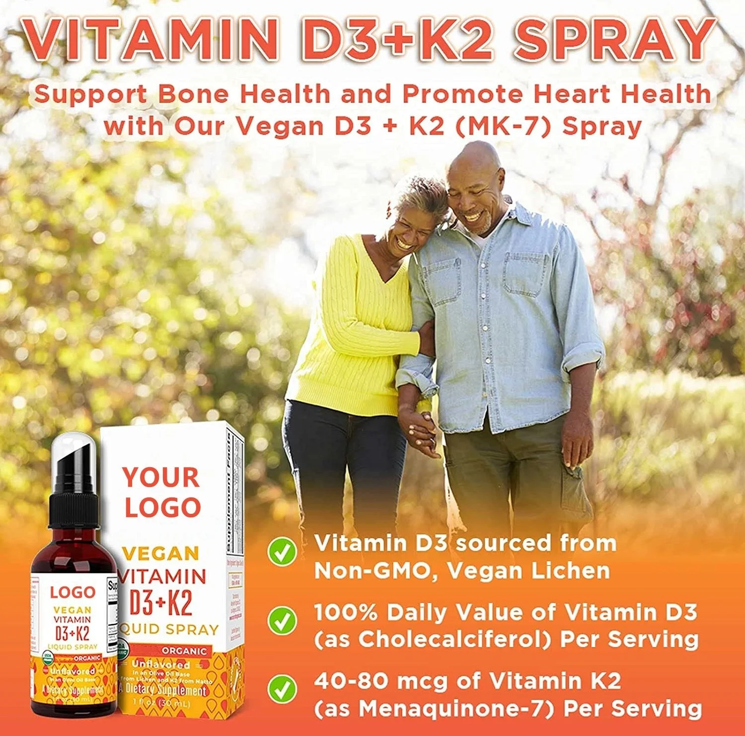 Private Label Organic Vitamin D3 K2 Liquid Spray Strong Bones Heart Health for Adult and Kids