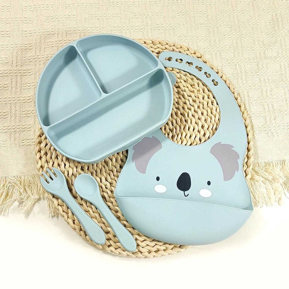 4PC Bebe Silicone Feeding Set Suction Bottom Divided Plate BPA Free Cutlery Babero Print Waterproof Bib