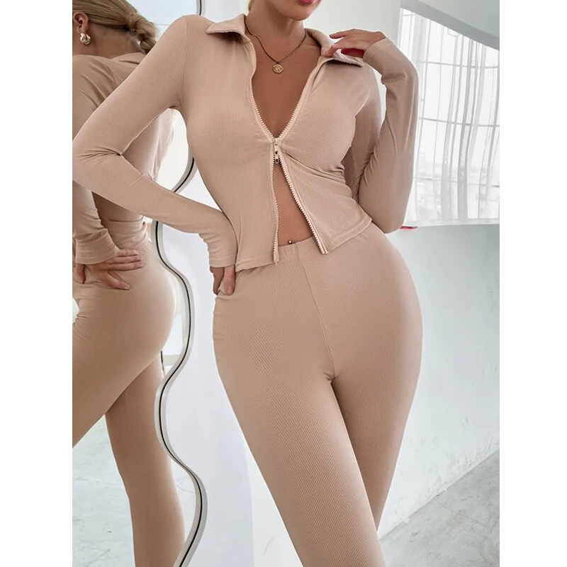 Autumn Fall Tight-fitting top and trousers Women Sets two-piece Zip Up Top & Leggings Outfits Set
