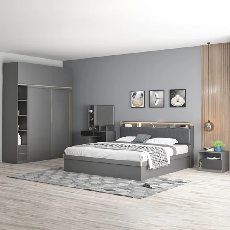 Foshan BedroomFurniture Wooden Bed Frame with Storage Double Queen Bed Frame With Drawers and LED Light