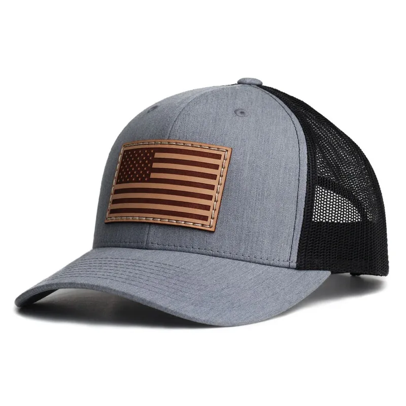 American Flag Leather Patch custom Hat Mesh Back Snapback cotton adjustable Trucker Ball Cap