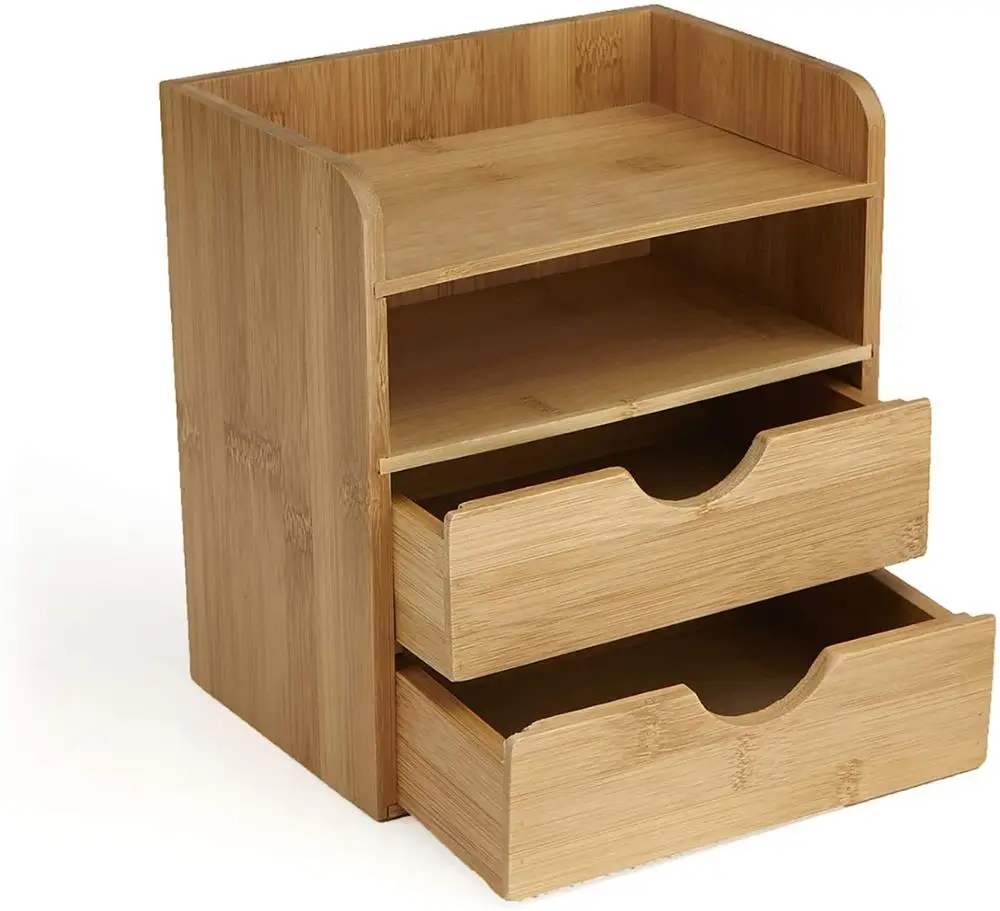 bamboo wood 4-tier table organizer desktop storage with 2 drawers