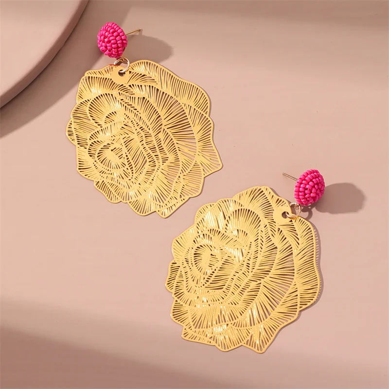 Fashion Carved Peony Flower 18K Gold Plated Big Dangle Earrings Personality Jewelry Statement Drop Earrings