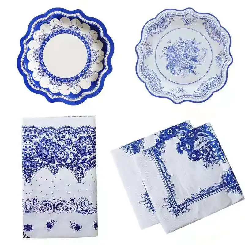 Disposable 7Inch 8pcs Food Grade Party Paper Plates with Chinese Blue-and-White Porcelain Pattern Decorative for Parties