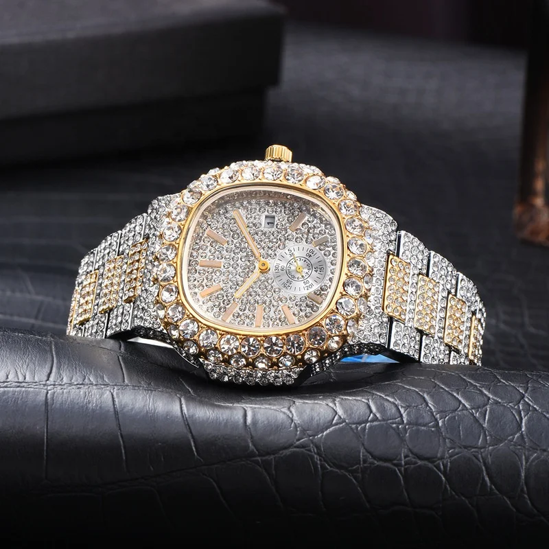 Dr. Jewelry 2022 Luxury 18K Gold Plated Stainless Steel Mesh Luminous Needles Sky Star Full Diamond Men Quartz Watch