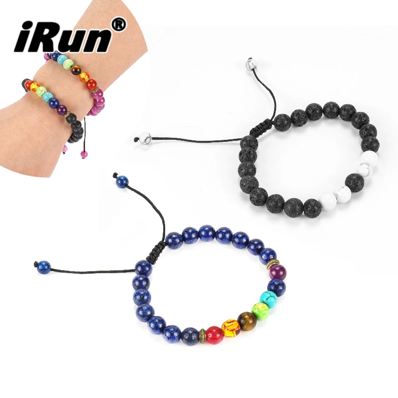 iRun Custom 8mm  bead bracelet  elastic cord bracelet Black Stone Beaded Adjustable Braided Rope bangle