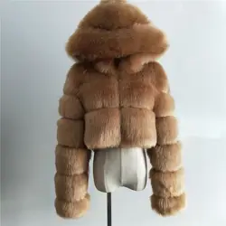 Fashion design solid colors women ladies winter warm faux fox fur short coats jackets with hooded