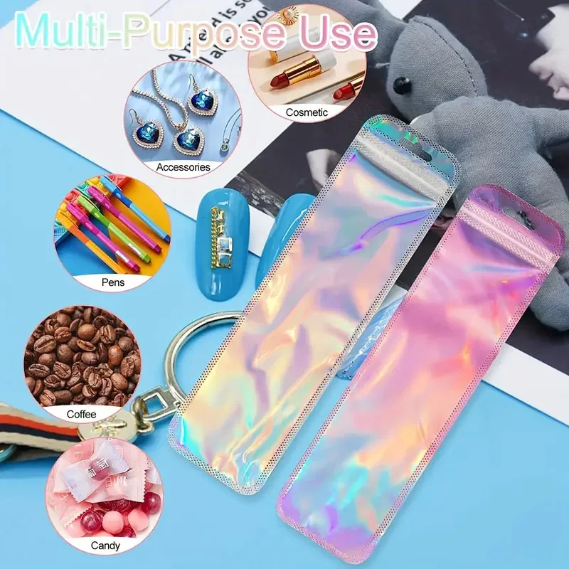 Hot selling hologram plastic zip bag long rainbow hologram iridescent transparent bag clear plastic bag for pen