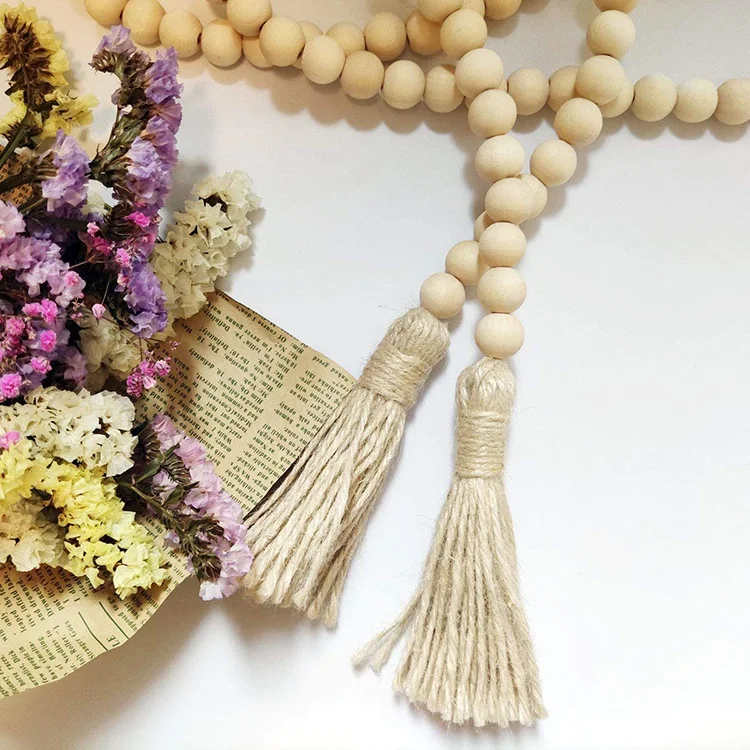 58in Wood Bead Garland with Tassels Farmhouse Beads Rustic Nature Country Decor Prayer Boho Beads Wall Hanging Decoration