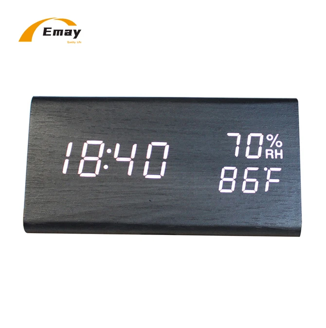 Wooden Triangle Desk Table Top  Bedroom Digital  LED Alarm Clock Sound Control Temperature Humidity Calendar Display USB Charge