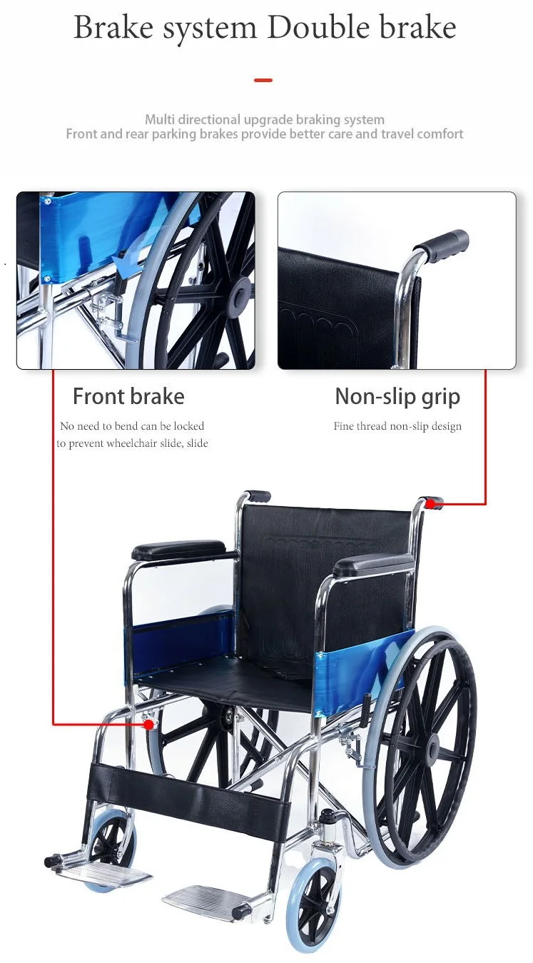 Medical Steel Wheelchair 24 Inch Wheels Foldable Wheelchair Fixed Armrest Solid Tires High Quality Wheelchair