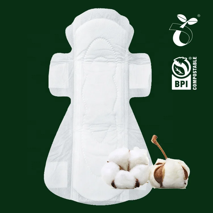 OEM 100% Certified biodegradable organic cotton Chlorine-Free female sanitary napkin pad