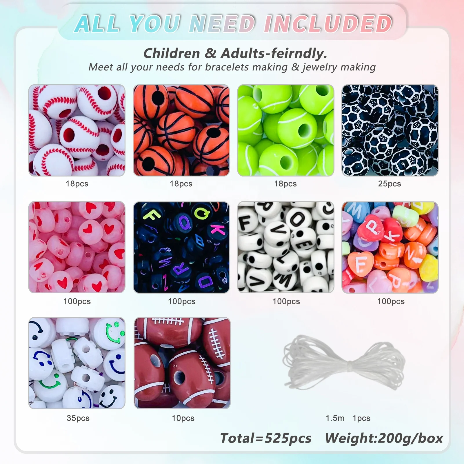 New Design Boys Rugby Baseball Tennis Soccer Ball Football Alphabet Beads DIY Accessories Kit for Jewelry Bracelet Making