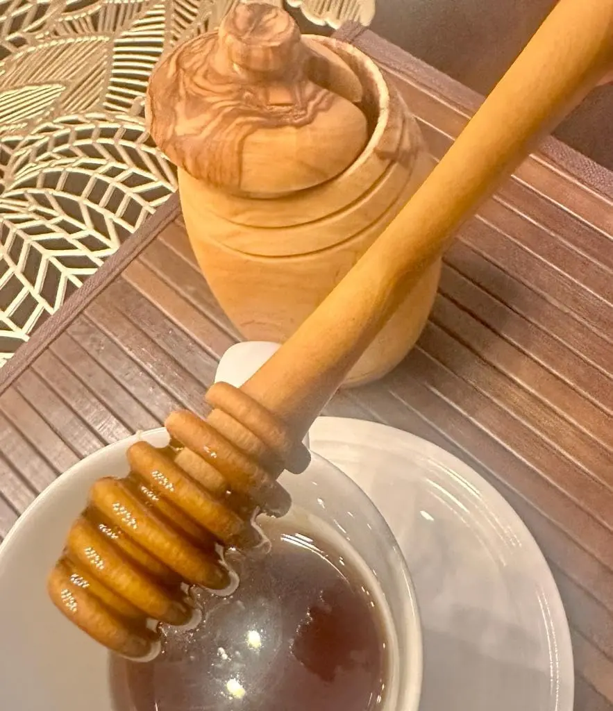Choixe. Olive Wood Honey Pot with Honey Dipper. Authentic Mediterranean Olive Wood. Handcrafted