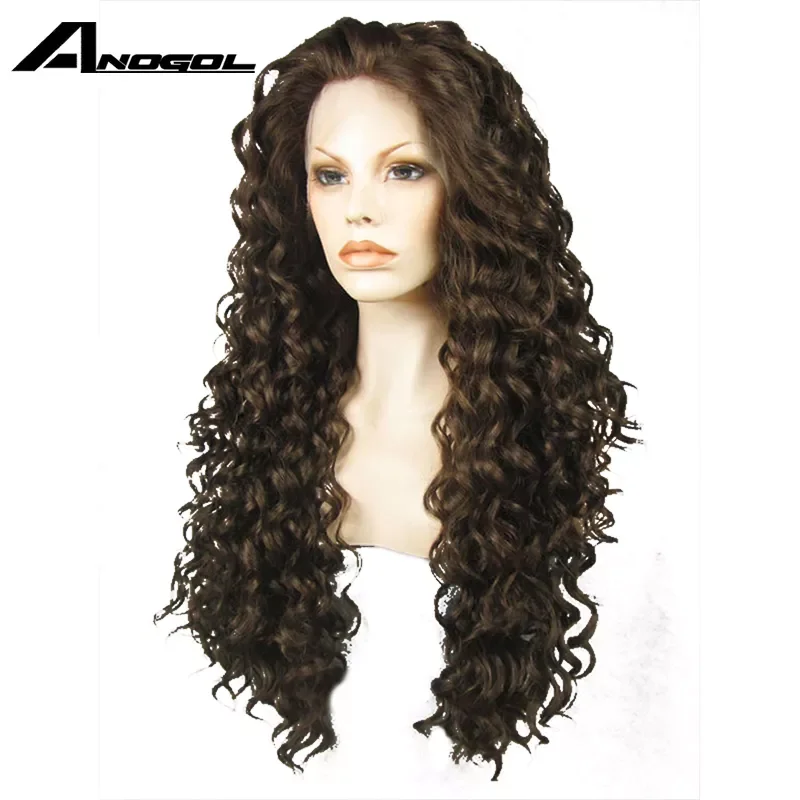 Anogol Synthetic Long Brown Afro Kinky Curly Wigs 13*2.5 Lace Front Wig 180% Density High Temperature Fiber Wigs for Women