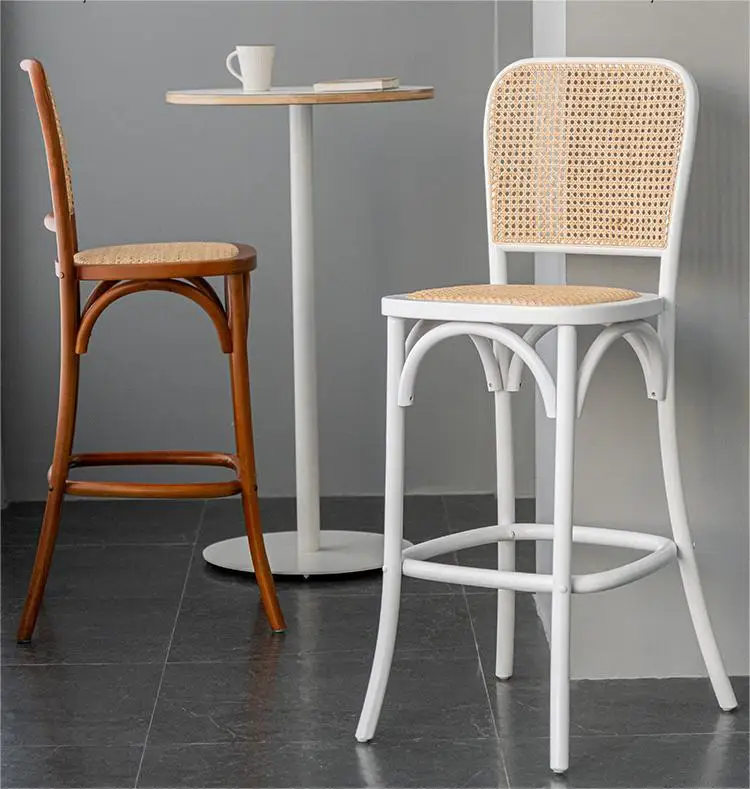 High quality vintage cane high chair for kitchen bar table Nordic solid wood rattan bar stools