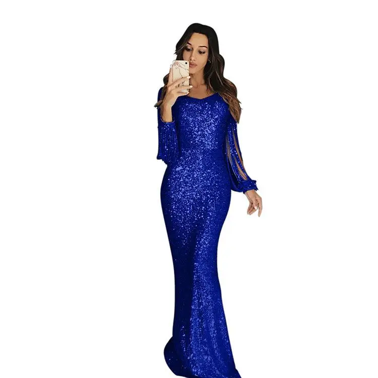 Women Bling Bling Glittering Party Dresses Tassels Long Sleeve Europe Sexy Lady Evening Party Cocktail Clothes Maxi Long Dress