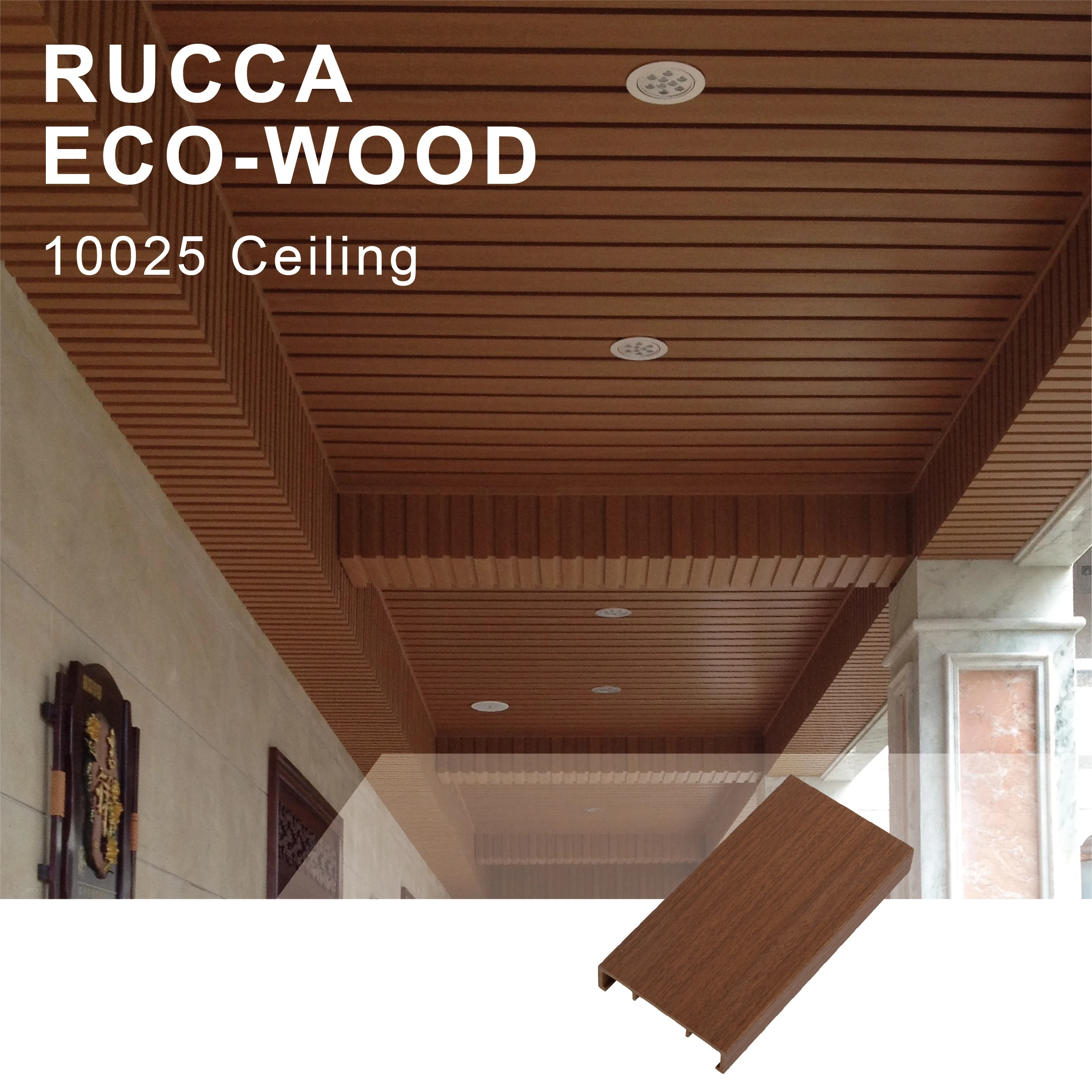 Foshan Rucca WPC Композитный потолочный дизайн водонепроницаемый подвесной потолок для жилых помещений 100x25 мм