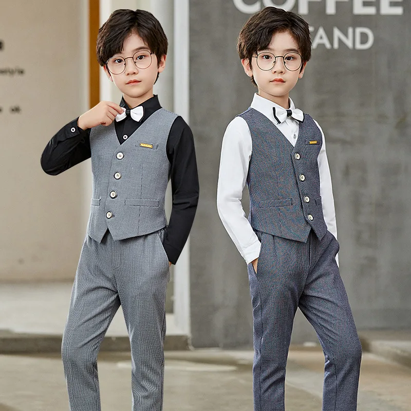 2022 Gray Formal Baby Boy Suits Elegant Children School Uniform Gentleman New Year Kids Clothes Dresses Boy Wedding Outfits