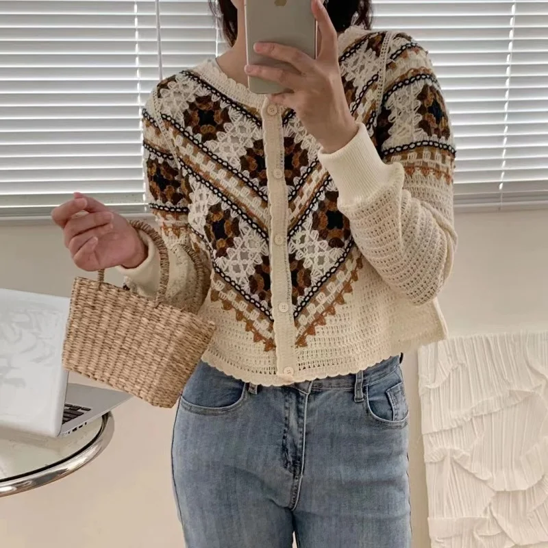 OEM custom The New hollow Crochet Embroidered V-Neck Knit Sweater Splicing and contrasting colors loose cardigan long sleeve top