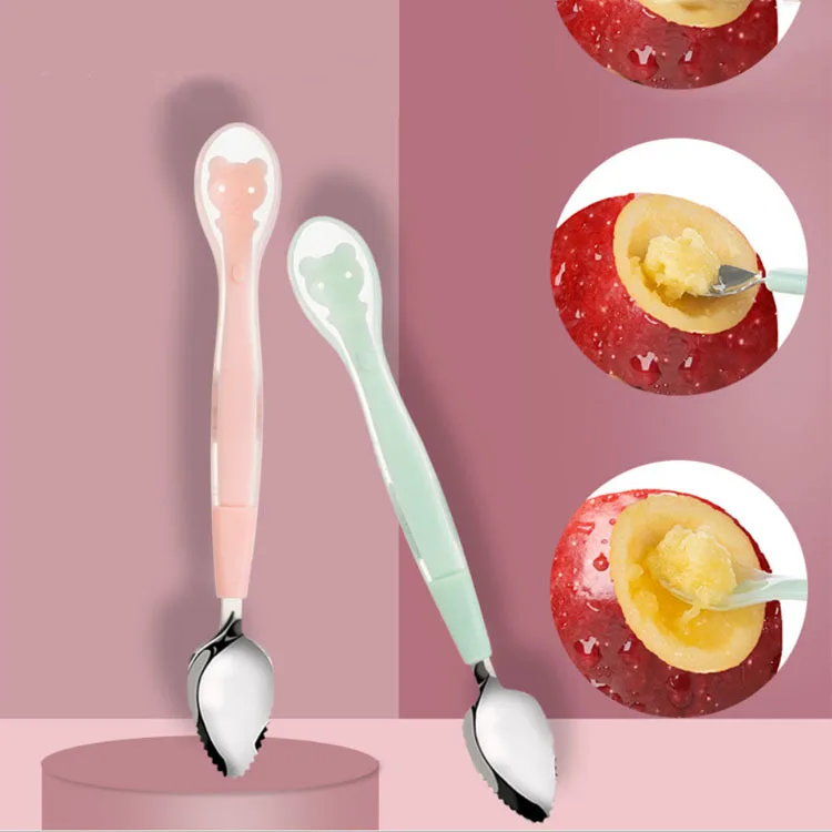 New Design Double Head scraper mud spoon Stainless Steel Fruit Mud Spoon Baby Silicone Spoon for Kids