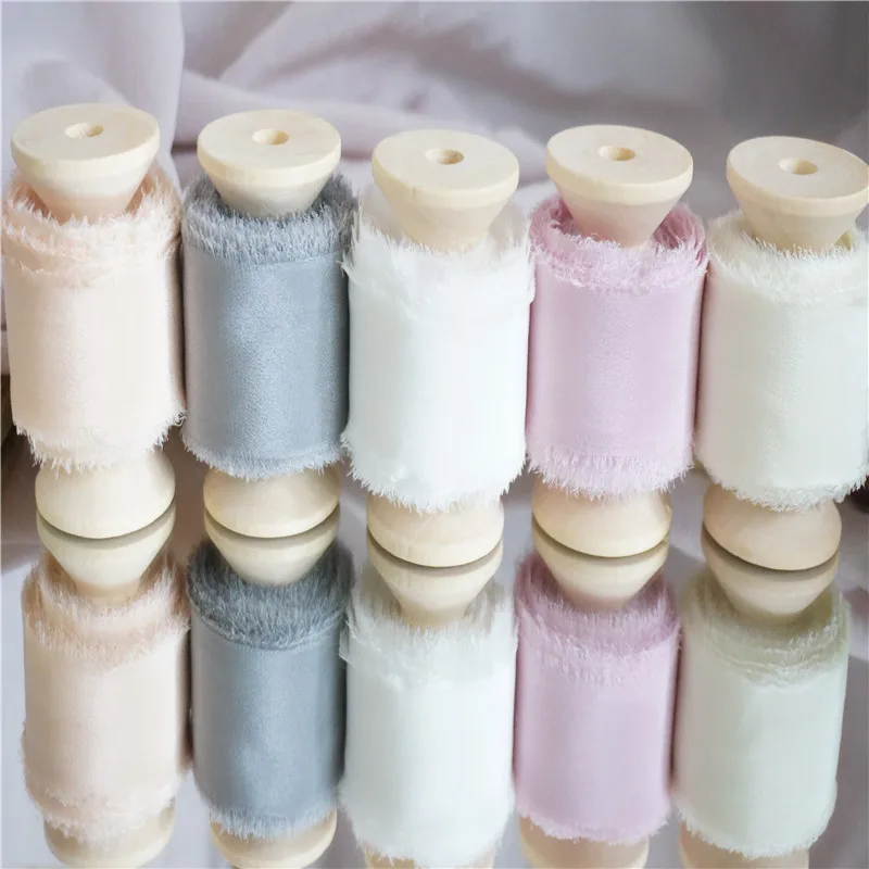 20mm-80mm pure silk crepe habotai frayed edged ribbon hand made for wedding packgaed ribbon