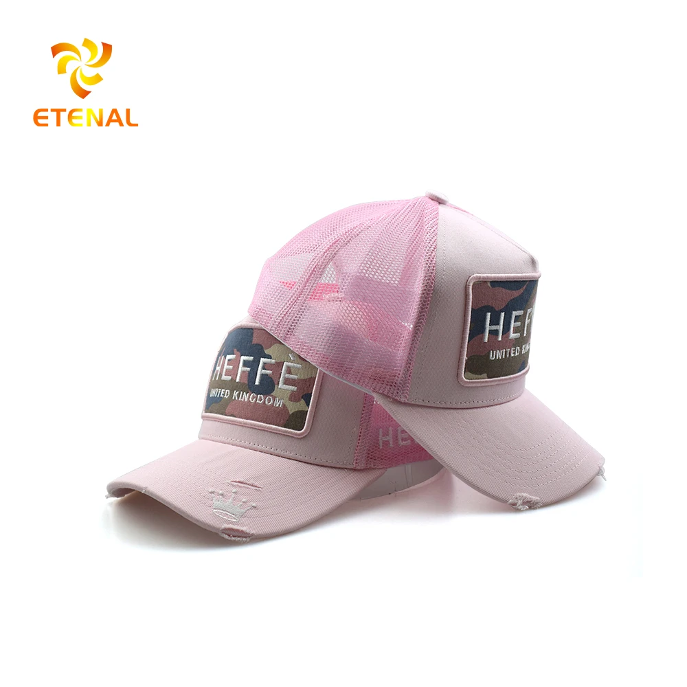 5% OFF Custom men embroidery patch distreseed baseball cap pink color trucker mesh hat