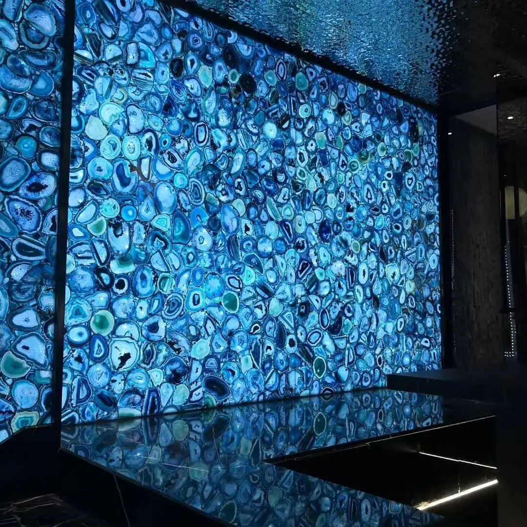 Home Decor Agate Stone Wall Tile Floor Panel Slab Price Luxury Customized Backlight Gemstones Blue Home Decoration Europe Music