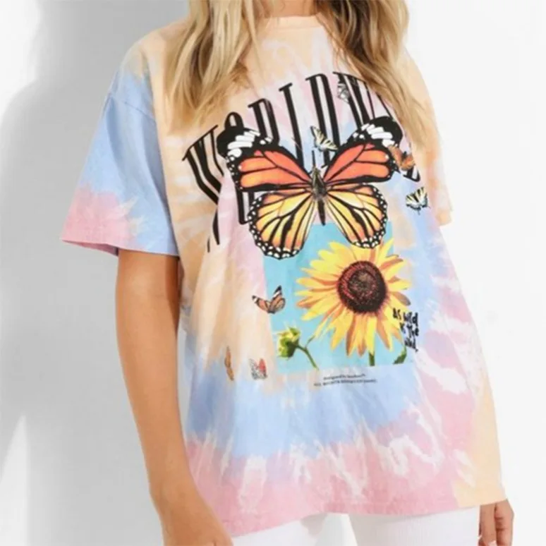 Women T-shirt High Quality Butterfly Sunflower Tie Dye Graphic Oversize Tops Vintage Round Neck Short Sleeve T Shirts
