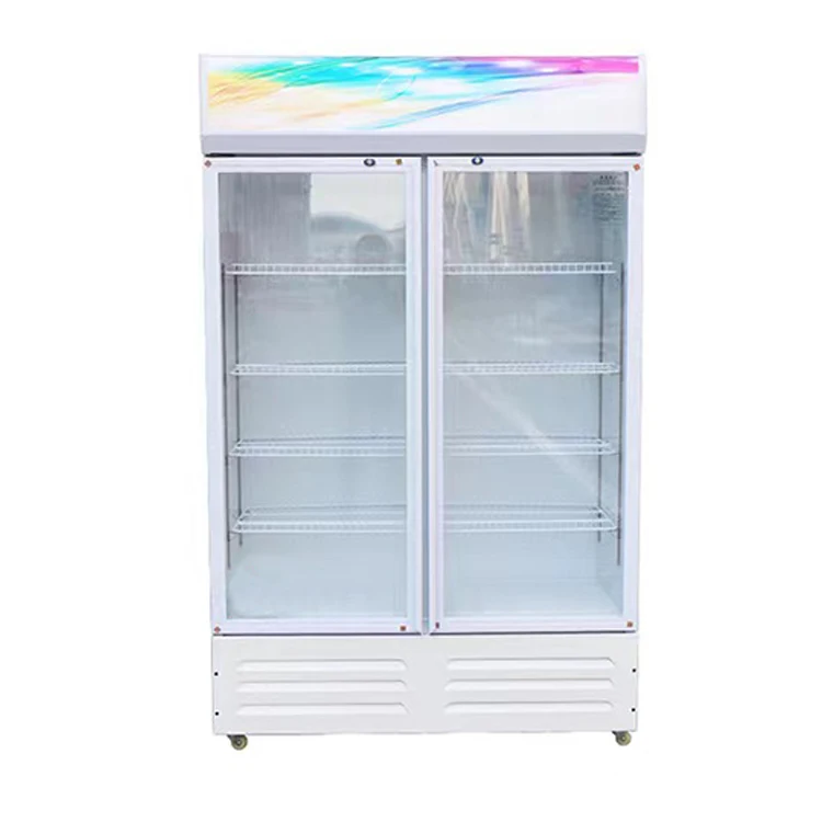 Manufacturer supply double door upright chiller freezer with glass doors coca display cola refrigerator