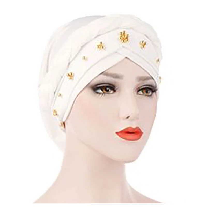 New European American Spring Tube Autumn Baotou Milk Silk Monochrome Beaded Plait Turban Headband Hat in Stock