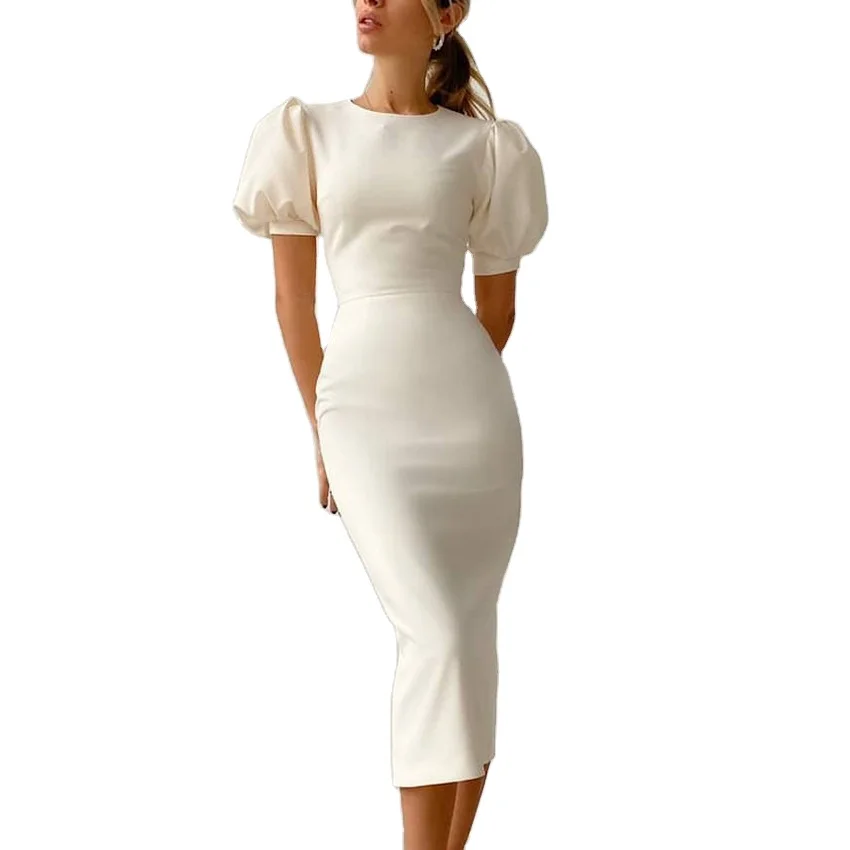 2023 Summer new style women clothing elegant dresses bubble sleeve round neck tight waist fit ladies dress