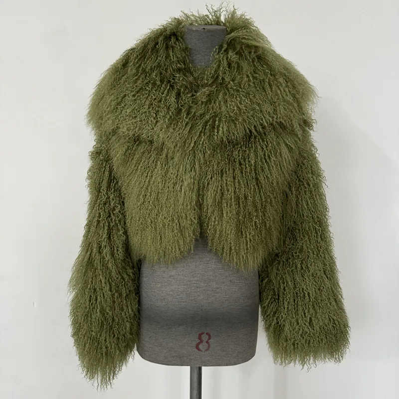 Mongolian Fur Coat Women Big Turn-Down Collar Short Real Fur Coat Winter Ladies Fashion Warm Fluffy Jacket Female Fall
