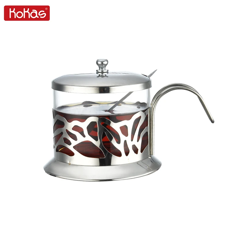 
Classic European Style 0.2L Transparent Glass Round Large Pots Silver Sugar Pots With Spoon 