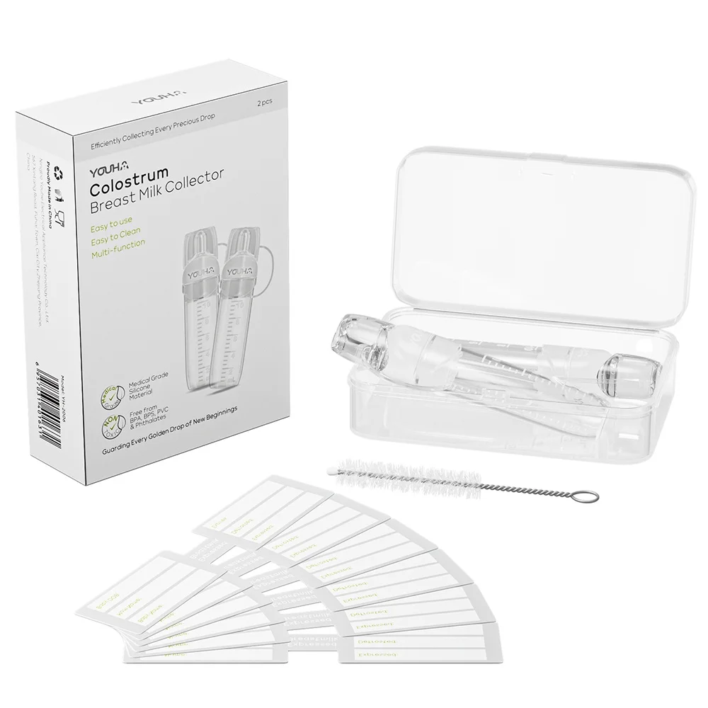 YOUHA 2pcs Baby Breast Feeding Colostrum Breast Milk Collector BPA Free Silicone 10ml Cleaning Brush Heat & Freezer Resistant